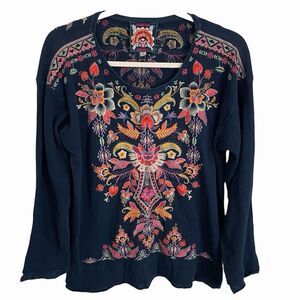 Johnny Was Loana Thermal Top Petite XL PXL Blue Camo Floral Embroidery Pullover